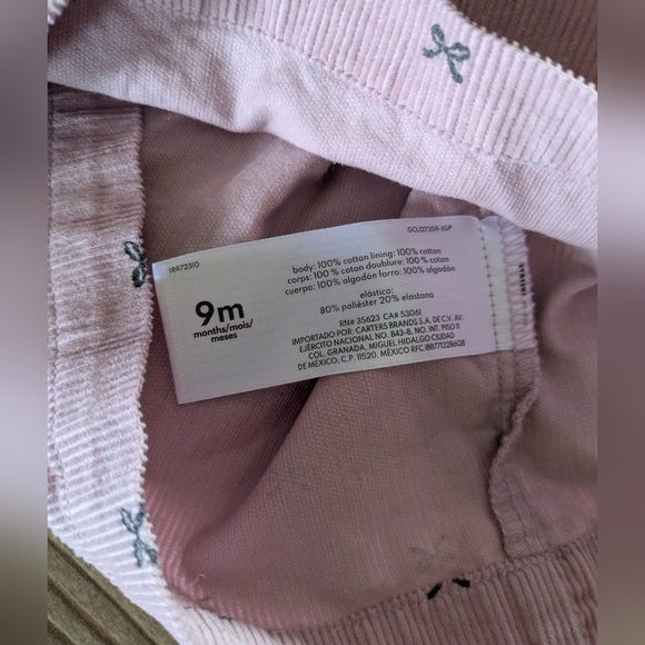 Carter's Baby Girl Pink Bow Corduroy Sleeveless Racerback Overall Dress 9 Months - Picture 4 of 4
